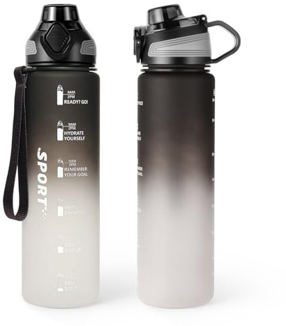 Binudum Botella Agua,1 Litro Botella de Agua Deportiva con Marcador de Tiempo,Botella sin BPA,A Prueba de Fugas y Reutilizable,Deportes,Ciclismo,Escuela,Gimnasio,Aire(Negro Blanco, 1000ml)