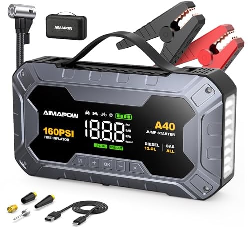 8000A & 160PSI Booster Avviamento Auto con Compressore Aria Portatile, Avviatore Batteria 27000mAH（Tutti Gas 12L Diesel）Jump Starter con 600LUMEN,Ricarica USB-C AIMAPOW
