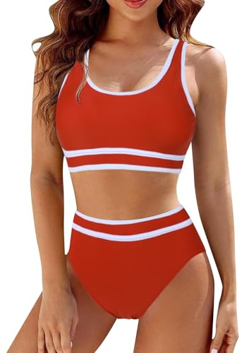 Mayoii 2 Piece Swimsuit for Women Bikini Set High Waisted Bottom Padded Push Up Top Tummy Control Swimwear Swimming Costumes Bathing Suit (UK, Alpha, L, Regular, Regular, Brick Red)
