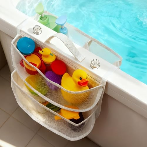 APAKA Bolsa Juguetes Bañera de 4 compartimentos, Organizador de Juguete de Baño, Bolsa Organizadora Baño, Red de Malla de Almacenamiento Bañera