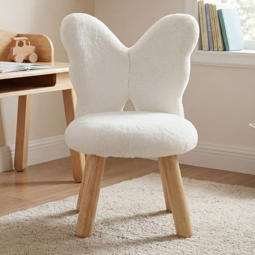 chairus Kindersessel Kunstfell Kinderstuhl Schmetterling Gepolstert Weiß | Kindersessel für Kinderzimmer, Kindersofa mit Holzbeine, Mini Sessel Mädchen, Kindercouch für Spielzimmer