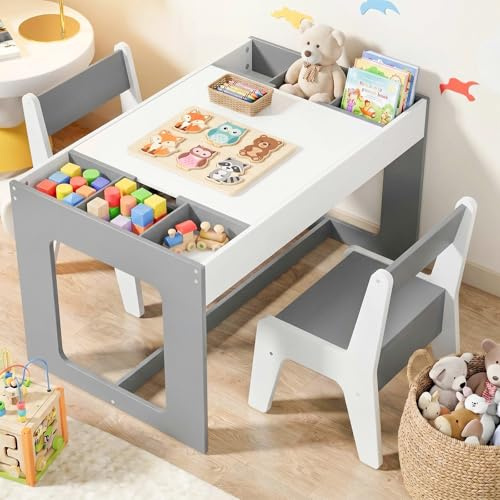 Clevich Kindersitzgruppe mit Stauraum,Kindertisch mit 2 Stühlen,ab 3 Jahren | Kinder Tisch Stuhl Set mit wendbarer Tischplatte, Malttisch, Kinderschreibtisch für Kindertagesstätte, Kinderzimmer, Grau