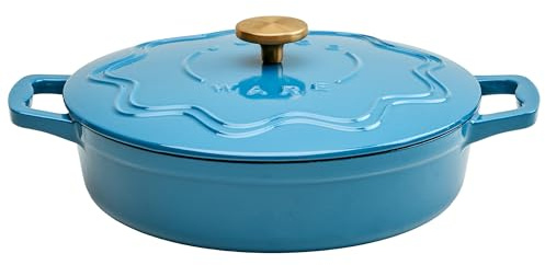Judgeware Shallow Cast Iron Dutch Oven Casserole Dish with Lid (Blue) | Cookware pot for bread baking, stews & braising. PFAS-free, dishwasher safe, oven safe to 240°C. All hob types.