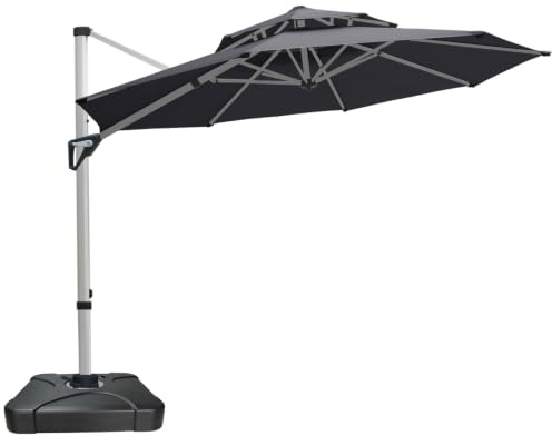 RANSENERS Ampelschirm 300 cm mit Doppelter Baldachin (Grau) | Ständer Inkl, Drehbar 360°, Neigbar 0°-90°, Aluminium Rahmen, Verdickter Gewebe, UV50+, für Garten, Terrasse, Cafe, im Freien