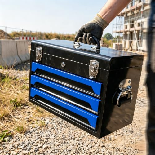 Werkzeugkiste mit 3 Schubladen und Oberfach Blau Schwarz Stahl Werkzeugschrank mit Schloss Kugellager Werkstatt Garage 50x27x35cm (Versand in 3-5 Werktagen)