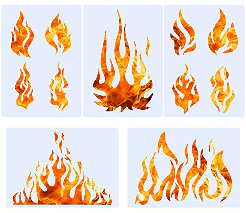 5 Bögen Flammen-Schablone Airbrush-Schablone für Feuer, wiederverwendbare Vorlagen, Malerei, Dekorvorlage für Kunst, Fenster, Wand, Handwerk, Malerei, Dekorationen (20 x 14 cm)