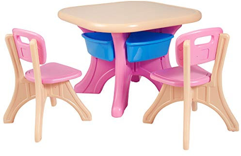 COSTWAY Kids Table and Chairs Set, Children Activity Art Table and 2 Chairs Set with Detachable Storage Bins, 3 Pieces Kids Plastic Furniture for Boys Girls (Pink)