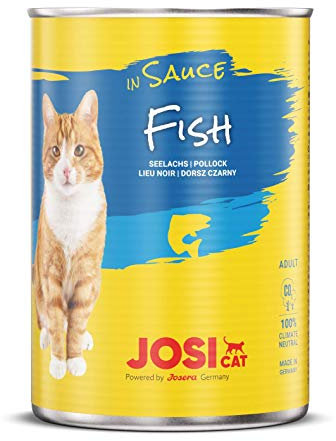 JosiCat Fish in Sauce (12 x 415 g) | Feines Katzenfutter Nassfutter in Sauce | Katzenfutter mit Lachs | für ausgewachsene Katzen | powered by JOSERA