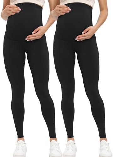 Buttergene Damen Umstandsleggings über dem Bauch Schwangerschaft Active Wear Workout Yoga Strumpfhosen Hosen, 2 x Schwarz, Large