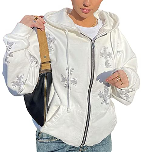 Geagodelia Damen Kapuzenjacke Kapuzenpullover Vintage Sweatjacke Sweatshirt College Jacke Übergangsjacke Zip Hoodie Hoody mit Kapuze Y2K Fashion Top Frühling Herbst (Weiß - Kreuz, S)