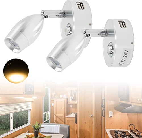 JUTTAUTO 12V LED Spot Leseleuchten mit USB-Ladeanschluss Innenbeleuchtung Auto Licht für Wohnmobil Wohnmobil Boot Wohnmobil RV Touch Dimmbarer Schalter 5V / 2A 3200K Beidwandleuchte (Silber-2 Stück)