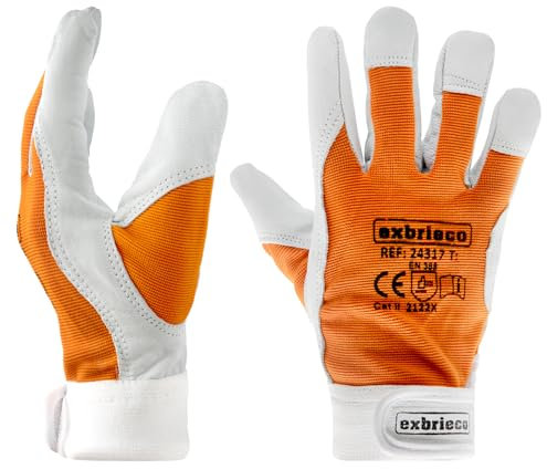 EXBRIECO Guantes de Piel de Cordero para Jardinería y Construcción, Guantes de Trabajo Profesionales en Cuero, Guantes de Protección Cat 2, Resistentes a Las Espinas, Ajustables con Cinta de Velcro