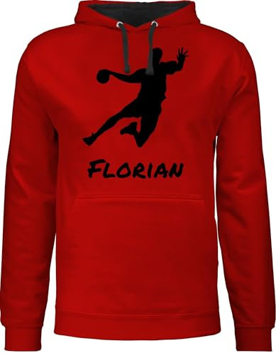 Pullover Herren Frauen Hoodie Kontrast zweifarbig - Geschenke Handball Zubehör - Handballer Silhouette mit Name - XXL - Rot/Schwarz - von personalisiertes Pulli wm