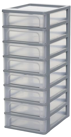 Iris Ohyama Cassettiera in Plastica, Portaoggetti, 8 Cassetti Medi, Grigio, Apertura Facile, Formato A4, A5 e A6, Organizzatore, Per Ufficio, Scuola, Cartoleria, Senza BPA, Contenitore, OCH-2080