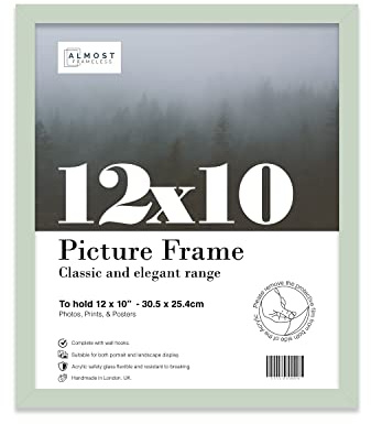 Almost Frameless 12x10 Mint Green Picture Frame 12x10(30.5x25.4cm) Poster, Photo, Artwork, or Print. Thin Edge Slim Frame Portrait and Landscape Display with Wall Hooks