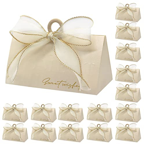 Wedding Favour Boxes, 20pcs Beige Triangle Creative Paper Treat Boxes with Ribbon and Wooden Beads, Party Favour Gift Boxes for Guests Wedding Decoration Birthday Bridal Shower