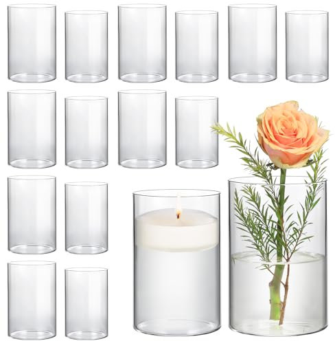 ComSaf Lot de 16 vases cylindriques en verre transparent pour centres de table, décoration de désherbage, 14 cm de haut, 15,2 cm de haut, bougeoir ouragan pour fête et décoration d'intérieur