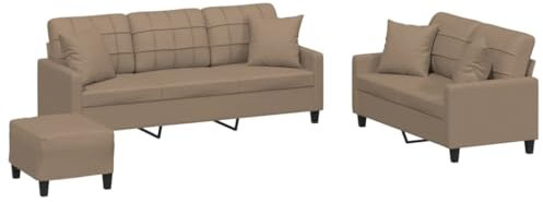 vidaXL Sofagarnitur 3-TLG., Sessel Couch mit Kissen Fußhocker, Sofa Wohnzimmersofa mit Armlehnen, Couchgarnitur Designsofa Sitzmöbel Polstermöbel, Cappuccino-Braun Kunstleder