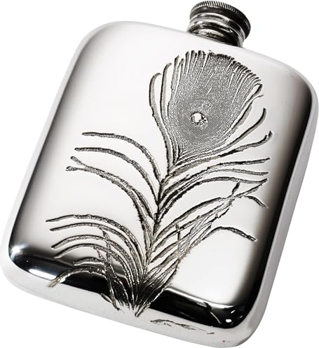 I LUV LTD 4oz Hip Flask Pewter Peacock Feather Design Embossed on the Front Polished Finish Screw Top Hip Flasks for Men