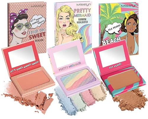 Misslyn | Blush Make-up Palette für Damen mit Spiegel, Volumengebendes und feuchtigkeitsspendendes Puder für Konturen des Gesichts - Set mit drei Paletten
