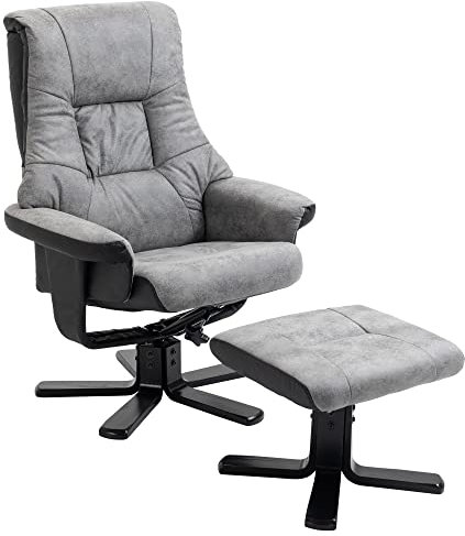 HOMCOM Fauteuil Relax Fauteuil de Relaxation inclinable 135° avec Repose-Pieds pivotant 360° revêtement Microfibre Pieds en Bois Massif Assise épais rembourrée Gris