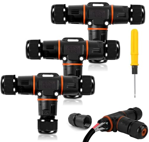 HIMOMO Waterproof IP68 Cable Connector, 3-Pin 3-Way, ABS & PVC Material, for Cable Diameter 4-12 mm, T-Shape Junction Box Clamp Box Connector, 3 Pieces with Screwdriver