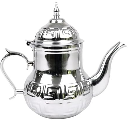 Tetera de te marroqui hecha en Acero Inoxidable Decorada con Filtro Integrado y asa Auténtica Tradicional Modelo Grabado con Diseño Clásico Arabe 800ml plata
