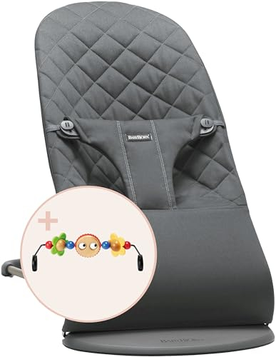 BabyBjörn Babywippe Bliss, Gewebt, Klassische Steppung, Anthrazitgrau mit Spielzeug für Babywippe, Fröhliche Augen