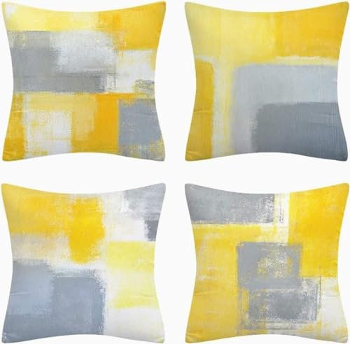 TIDWIACE 4er Set Kissenbezug Deko, Kissenhülle Dekokissen Leinen Natur Landhausstil Dekorative Sofakissen Leinen Kissenbezüge Luxus Decor für Sofa Wohnzimmer Zierkissen (Gelb Grau, 40 x 40 cm)