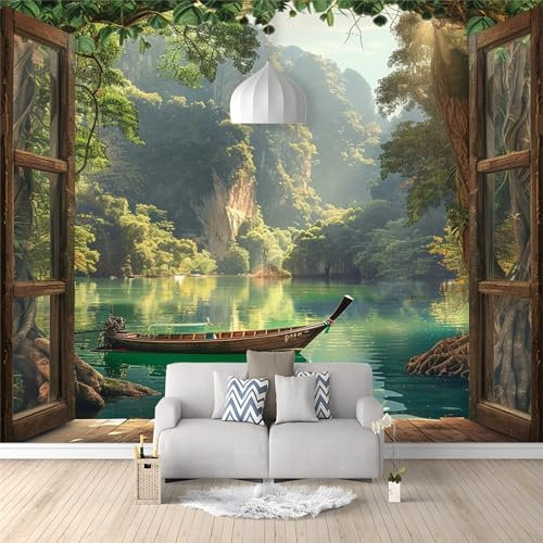Papier Peint Panoramique 3D Murales Canyon Lac Bateau En Bois FenêTre Murale 3D Papier Peint Intissé Poster Décoration Fond De Mur Tv Salon Papier Peint Murales 200 (W) x 140 (H) cm