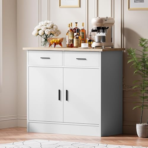 Cozy Castle Sideboard, Küchenschrank, Buffetschrank, Aufbewahrungsschrank mit 2 Schubladen und 2 Türen, Holzkommode, Verstellbare Ablagen, für Küche, Wohnzimmer, Flur und Esszimmer, Weiß
