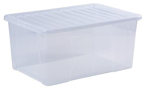 Wham Crystal 90 Liter Storage, Home Office Stackable Nestable, Heavy Duty Plastic Large Storage Box With Lids 70 x 47 x 33 cm solution organizer- Tint Clear (Pack of 2)