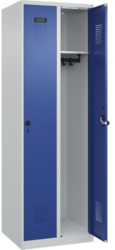 C + P Möbelsysteme C+P | Spind Evolo Plus | 2 Abteile | lichtgrau/enzianblau | B 600 mm | mit Bodengleitern | Drehriegel