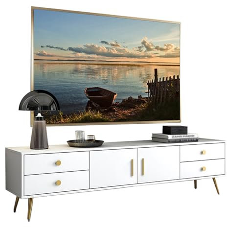 Meuble TV avec Pieds Dorés Table TV, Centre de Divertissement Moderne avec Tiroirs, Rangement Multimédia Meubles TV, Convient pour Salon ou Chambre(White,120x35cm/47.2x13.8in)