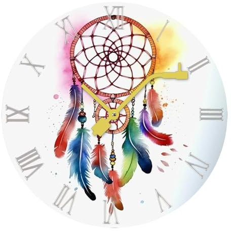 JKLPOMN Wasserfarben-Traumfänger-bedruckte einfache Holzuhr, leise und nicht tickende moderne Wanduhr, große digitale moderne Uhr, runde Uhr für den Innenbereich, geeignet für Wohnzimmer, Schlafzimmer