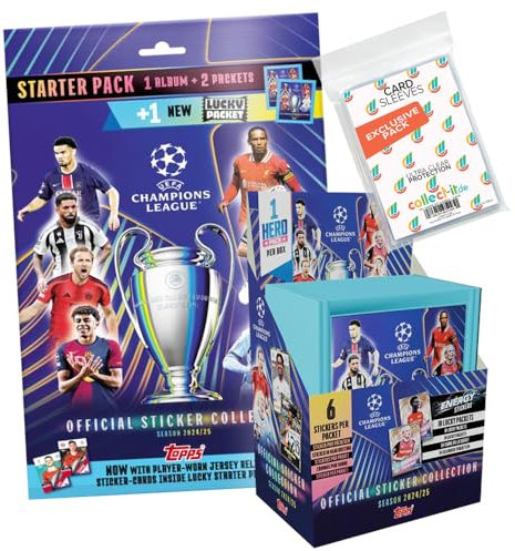 Bundle mit Topps - Champions League 2024/2025 - Sammelsticker - 1 Display (51 Tüten) + Album + Exklusive Collect-it Hüllen
