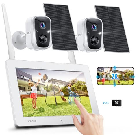 SANSCO 2K Solar Wireless Security Camera System with 4CH 7 Touchscreen Monitor, 2PCS 4MP WiFi Battery Powered Camera Outdoor with 128GB TF Card, PIR Human Detection, 2-Way Audio, Color Night Vision