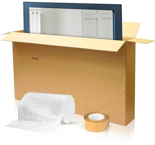 Mirror Packaging Box | Sturdy Double-Walled Cardboard with Handles | Includes 10m Bubble Wrap & Strong Tape Roll | Perfect for Shipping Mirrors, Frames & Paintings (Small)
