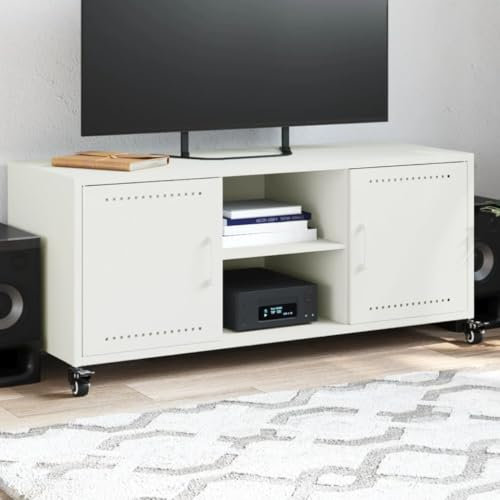 Gecheer TV Schrank, Fernsehschrank mit Stauraum Rollen, Fernsehtisch für Wohnzimmer Schlafzimmer, Lowboard TV Möbel Weiß 100,5x39x43,5 cm Stahl