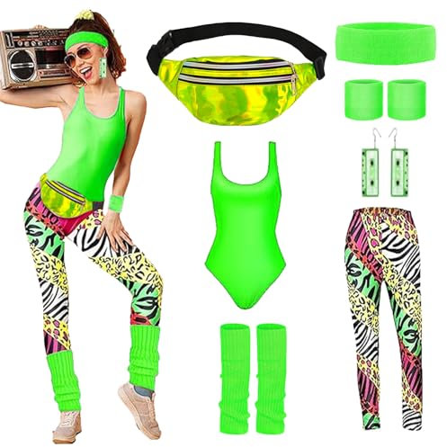 REDKNOT 80er Jahre Outfit Damen Accessoires 90er Jahre Workout Kostüm 80er Retro Neon Bademode Kostüm mit Top, Leggings Bauchtasche,Stirnband, Beinwärmer für Karneval Neon Mottoparty (Grün, M)