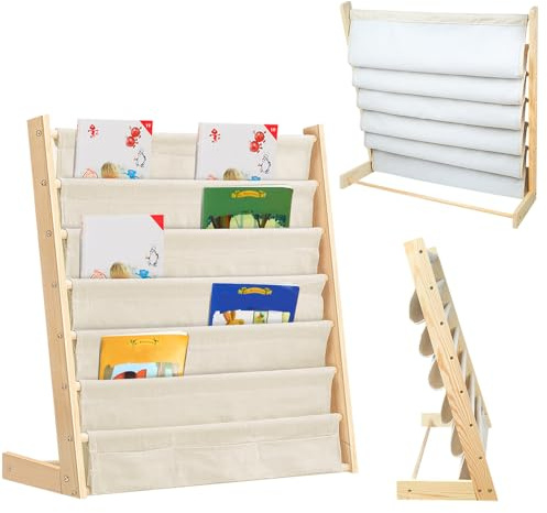 homewell Holz Bücherregal für Kinder mit 6 Etagen, Naturliches Kinder Bücherständer aus Kiefernholz & Stoff, Spielzeugregal für Leseecke, Naturfarben, 75 * 30 * 76cm