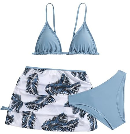 Ensemble 3 Pièces Maillot De Bain Ado Fille 12-16 Ans Hauts De Maillots + Bas De Maillots Tanga + Jupe Maillot De Bain Adolescente Fille Natation Piscine Sport Plage (3-Bleu Clair, 12-13 Years)