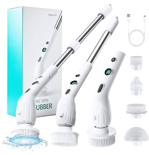Brosse Nettoyage Rotative Électrique, Brosse de Nettoyage avec 4 Têtes de Brosse, Étanche IPX7, 350RPM 2 Vitesses, Affichage Numérique Batterie, Longueur Réglable pour Salle de Bain Cuisine Voiture