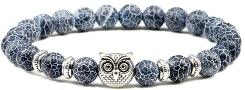 Gualiy Armband Perlen Herren, 8MM Dunkelblau Stein Armband mit Eule für Damen 18CM