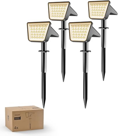 Philips 4 Stück Solarstrahler für Außen Garten, 28 LEDs 3000K Warmweiß Solarbetriebene Landschaftsbeleuchtung, Wasserdicht Wegeleuchten, Dusk to Dawn – für Garten, Hof, Rasen, Gehweg