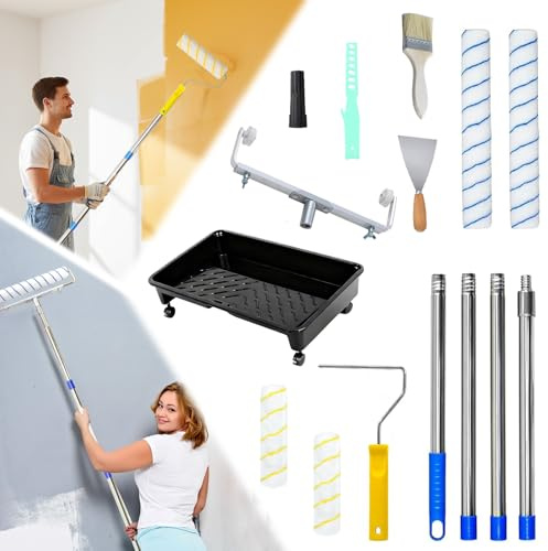 Ceiling Paint Roller,15 Pcs Paint Roller Set with 2 Pcs 18 Inch Paint Roller Sleeve,Paint Roller Tray with Wheels,Extension Pole, Long Paint Roller for Ceilings Extendable Paint Roller Frame