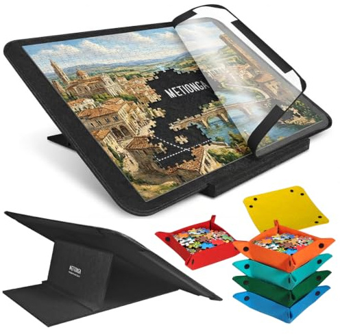 Metionga Separate Jigsaw Board & Adjustable Stand, Fits 1000 Piece Puzzles | 81 X 56 cm, Includes 6 Sorting Trays and Dust Cover, Portable & Easy Storage