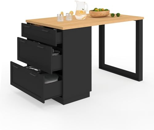 IDMarket – Ilot Central – Comedero de pie 4 personas VITO 130 cm cacerola 3 cajones negro y bandeja madera