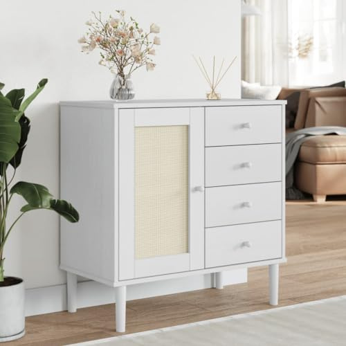 Fangmaliuyun Sideboard SENJA Weiß 80x40x80 cm Kiefernholz mit Rattan-Front Wiener Geflecht, 4 Schubladen 1 Tür, UV-Lack, Stauraum für Küche Wohnzimmer Flur