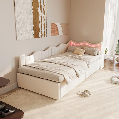ADWOLT Polsterbett Schlafsofa 90x200, Sofabett mit Luftdruckspeicher Stauraum, L-förmiges Einzelbett mit LED-Beleuchtung, Kinderbett Jugendbett Daybett mit Lattenrost, Ohne Matratze